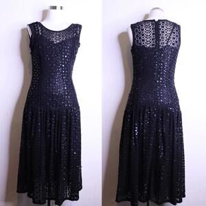 VTG Black Flapper Beaded Crochet Evening Dress - Small